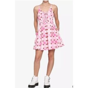 Hot Topic Pink Plaid Strawberry Lace Up Mini Dress Women's Medium‎